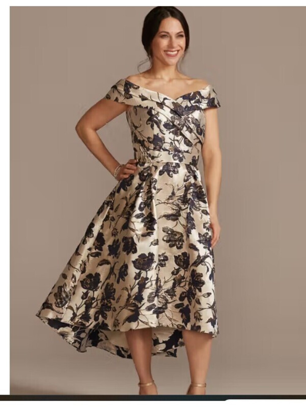 New with tags Oleg Cassini Metallic Brocade Off-the-Shoulder High-Low Gown 10